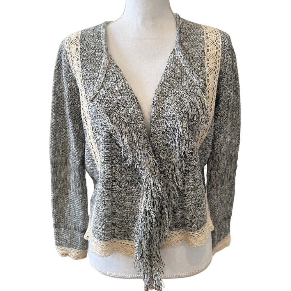 Chicos Textured Asymmetrical Cardigan Sweater Crochet Trim Black White